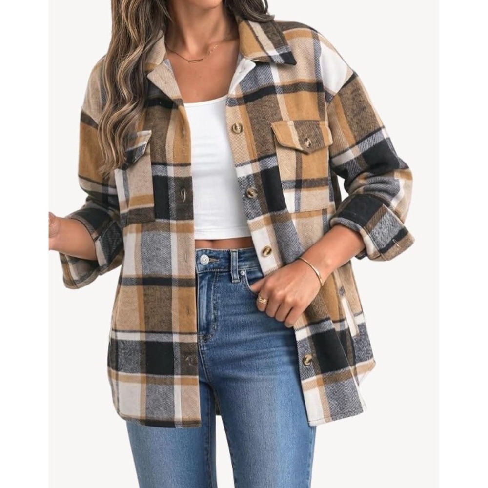 THML Plaid Shacket Brown Black Wool Blend Button Front Shirt Jacket WCT653-BR S